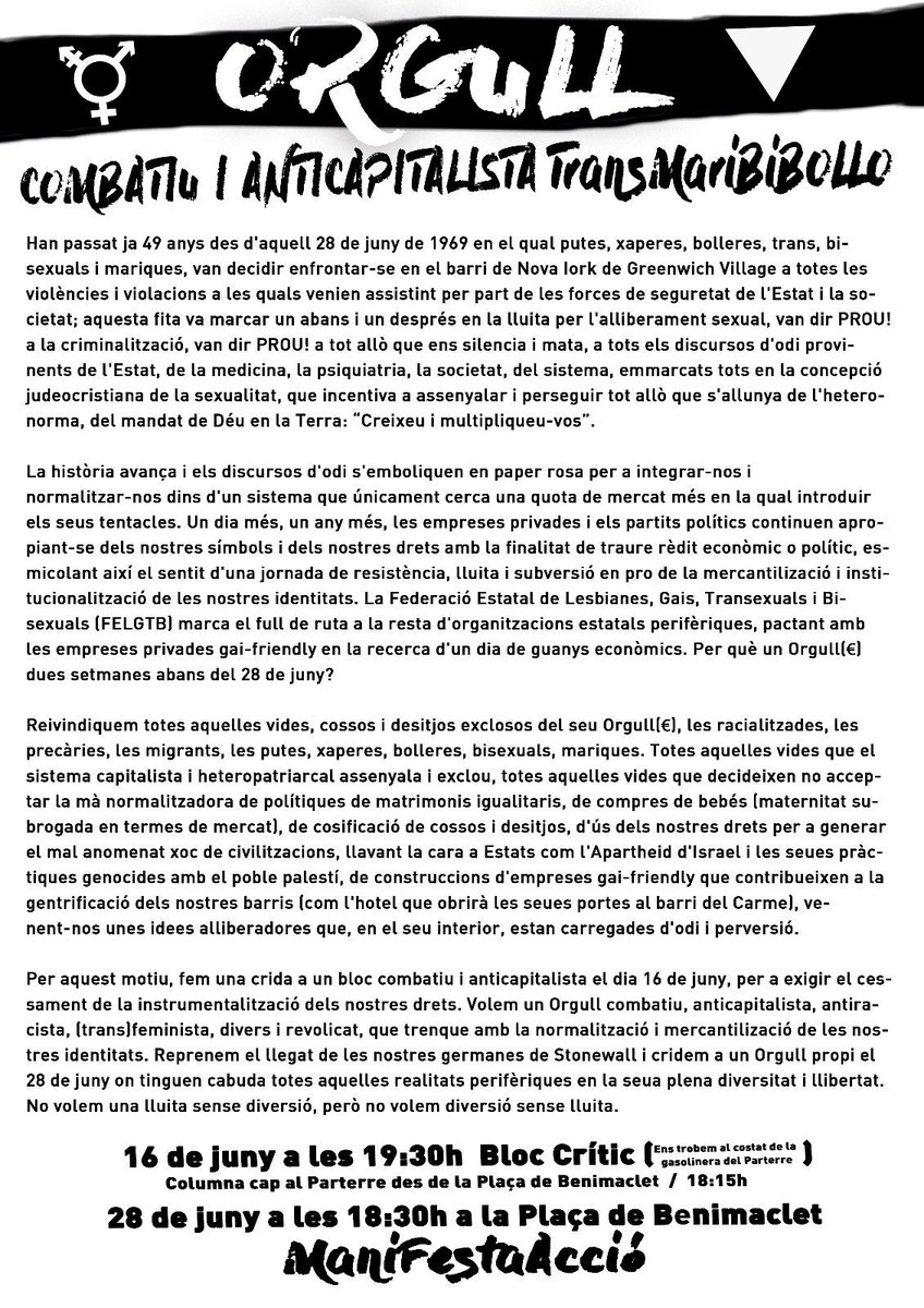 ArranLaRibera's tweet photo. Reivindiquem totes aquelles vides, cossos i desitjos exclosos del seu orgull, les racialitzades, les
precàries, les migrants, les putes, xaperes, bolleres, bisexuals, mariques.
No volem una lluita sense diversió, però no volem diversió sense lluita. #orgull #TransMariBiBollo https://t.co/3U0MSnAVhG
