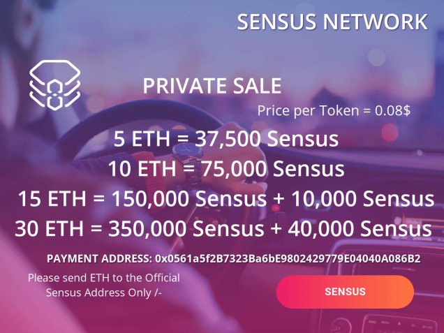 #Sensus Private Sale ️
Price per token = 0.08$
Exchange = Paid 
Masternode = 40,000 Sensus Token

Next Airdrop only for investors .

Introducing : INVESTOR DROP ️

Private sale on discord 
discordapp.com/invite/b9DnqJr