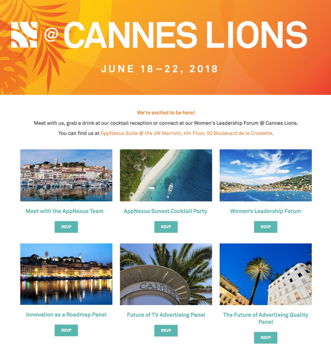 AppNexus's tweet photo. We're gearing up for #CannesLions and have a lot of exciting things planned. Check out and register for any of our events and panels: https://t.co/m7pZQ5bxwQ https://t.co/MaR5ekfh0V