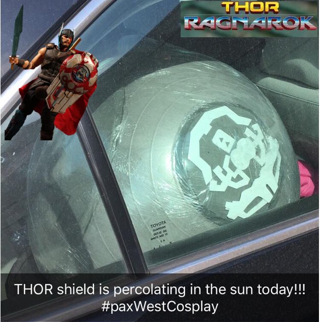 Miss_Boof's tweet image. EVA and craft foam cut out and wrapped around an exercise ball with saran wrap and packaging tape. The heat in the car  throughout the day will help mold the foam to the curve we want for this shield! #PaxWest2018 #cosplay #cosplayTips #Thor #shield