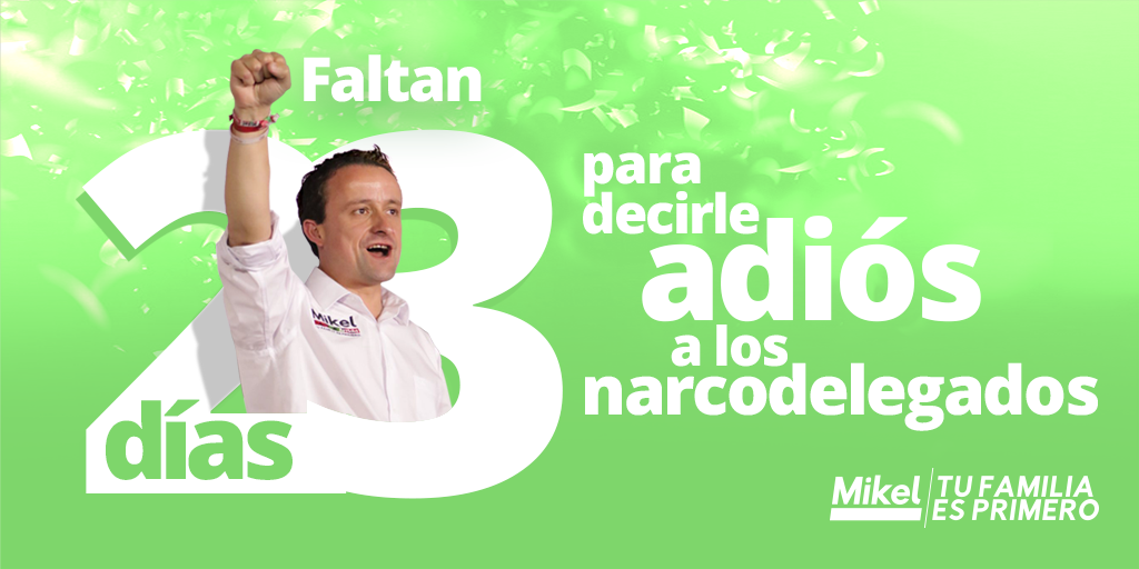 MikelArriolaP's tweet photo. Cada vez estamos más cerca de decirles adiós a los narcodelegados para dar paso a una ciudad en la que se castigue a quienes atenten contra la salud de tu familia. ¡Los ciudadanos juntos podemos construir #UnaCiudadConValores! https://t.co/jL0glpcHYc