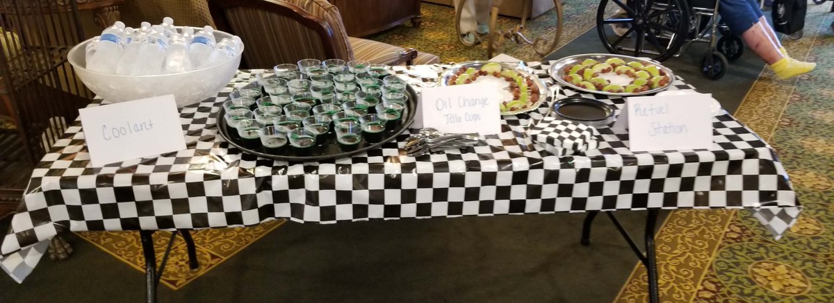 SynchronyRehab's tweet photo. The Pit Crew at @BridgePointeHC  Indy 500 were there to assist residents &amp; visitors to refuel &amp; enjoy healthy and tasty race themed snacks. Residents participated in tailgate games before the race started! #ParagonSHFD2018 #WellWithParagon https://t.co/hEE1gja7Z4
