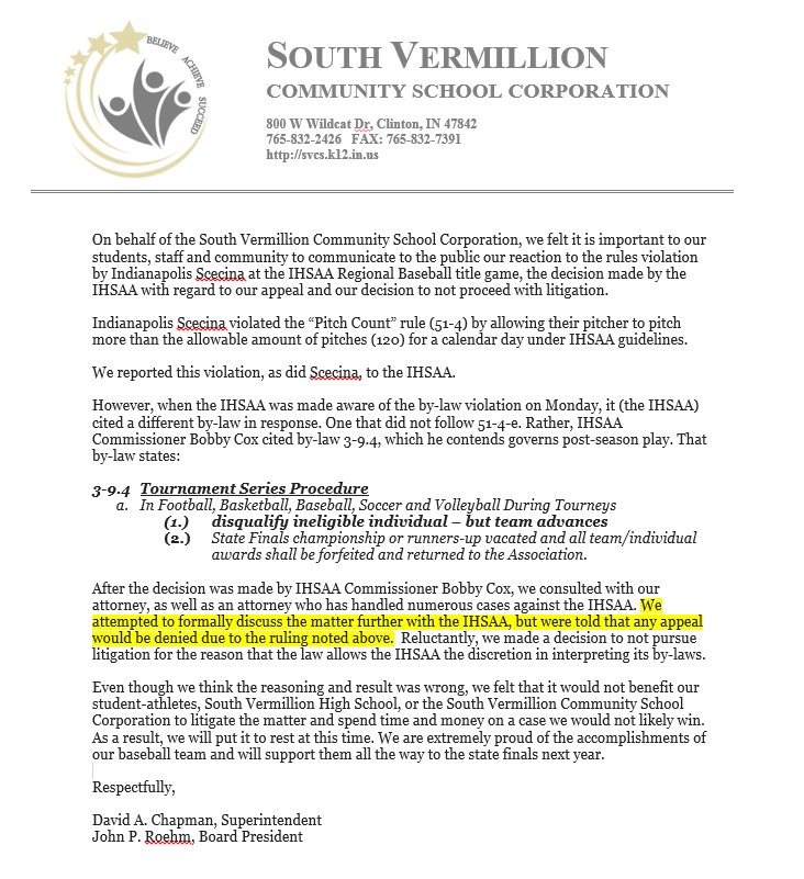RickSemmler's tweet photo. South Vermillion sent out a letter saying they considered legal action against IHSAA for pitch count rule for Scecina in regional win but have decided to let it go. Here is statement from SVCSC superintendent Dave Chapman https://t.co/QrNNM4YxSl