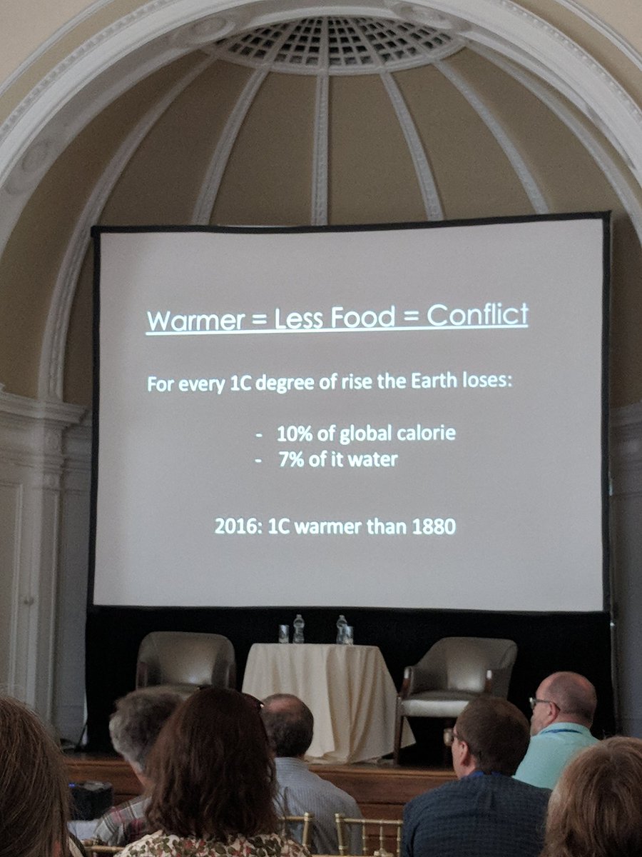 sspierre23's tweet photo. Copeland explains that a warmer climate means less food which stresses socio-political systems which means more conflict! #UBRENEW https://t.co/Hxc0az5NFl