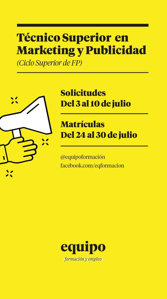 EquipoFormacion's tweet photo. #ÚneteAlEquipo Nuestro título oficial de técnico superior en #Marketing y #publicidad es una gran oportunidad!🔝🔝 Enseñanza práctica, horario de mañana... el plazo se abre el 3 de julio! https://t.co/pRCvEqdcZ9