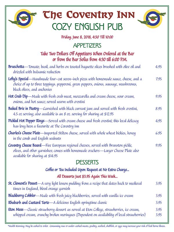 covinn's tweet photo. Menus for Friday, June 8. Doors Open at 4:30 on Fridays, and the Kitchen Is Open Till 10:00 P.M.  The Bar Will Stay Open Later As Long as There Are Customers...—Payments Accepted Are Cash or Personal Checks... https://t.co/8NXcVDE1eJ