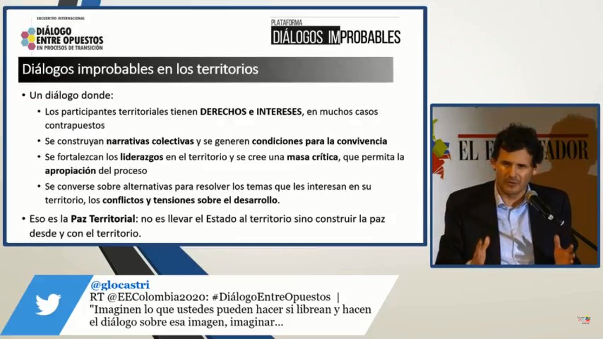 EEColombia2020's tweet photo. #DialogoEntreOpuestos | "La transición es una nueva oportunidad, el nuevo reto del gobierno será: aglutinar, cumplir el Acuerdo, pero involucrando todas las dimensiones y todos los sectores de la sociedad que no han sido incluidos", Diego Bautista. https://t.co/04lhHTrJNC https://t.co/93HvnAGG9V