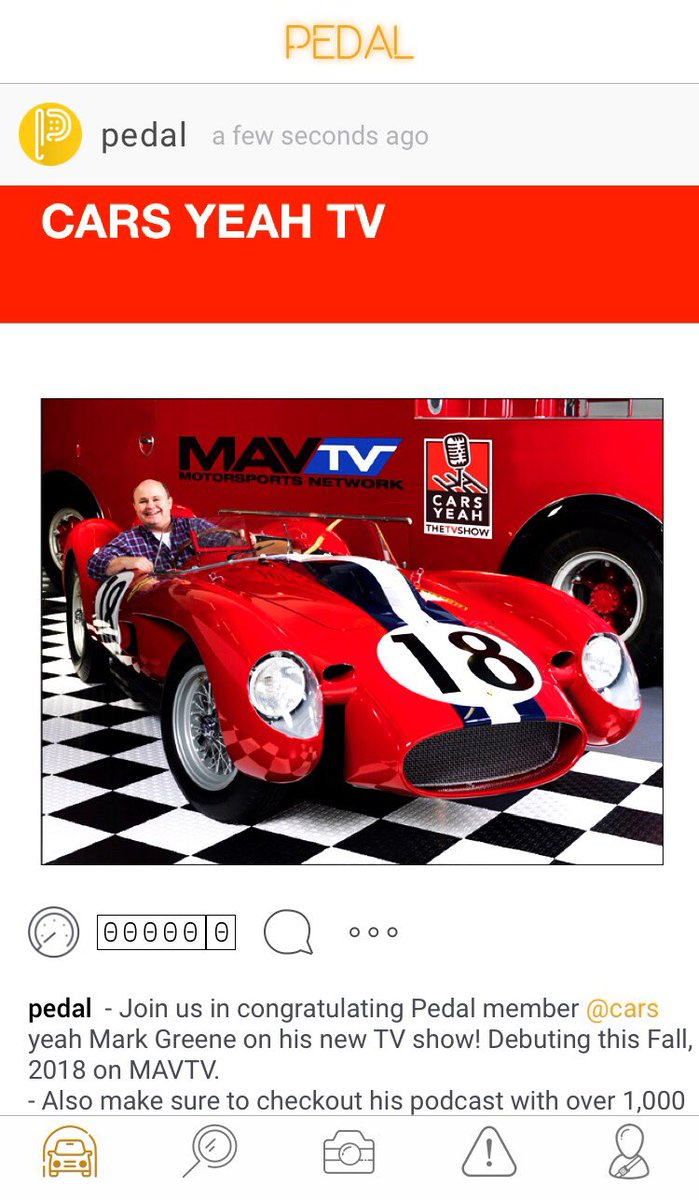 pedaltheapp's tweet photo. 1️⃣ Join us in congratulating Pedal member @CarsYeahPodcast #MarkGreene on his new #TV show!Debuting this Fall, 2018 on @MAVTV Also, checkout Mark's #podcast with over 1,000 interviews and counting.
2️⃣ Get the free, must have #automotive #enthusiast #app, Pedal. #carsyeah https://t.co/4AVCXpwU3Y