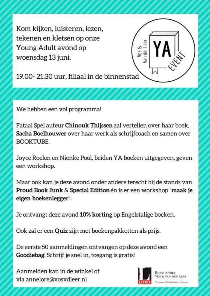 Volgende week woensdag is onze winkel vanaf 19.00 uur geopend voor alle #YoungAdult fans.
De eerste 50 aanmeldingen gaan ook nog eens met een goodie bag naar huis!