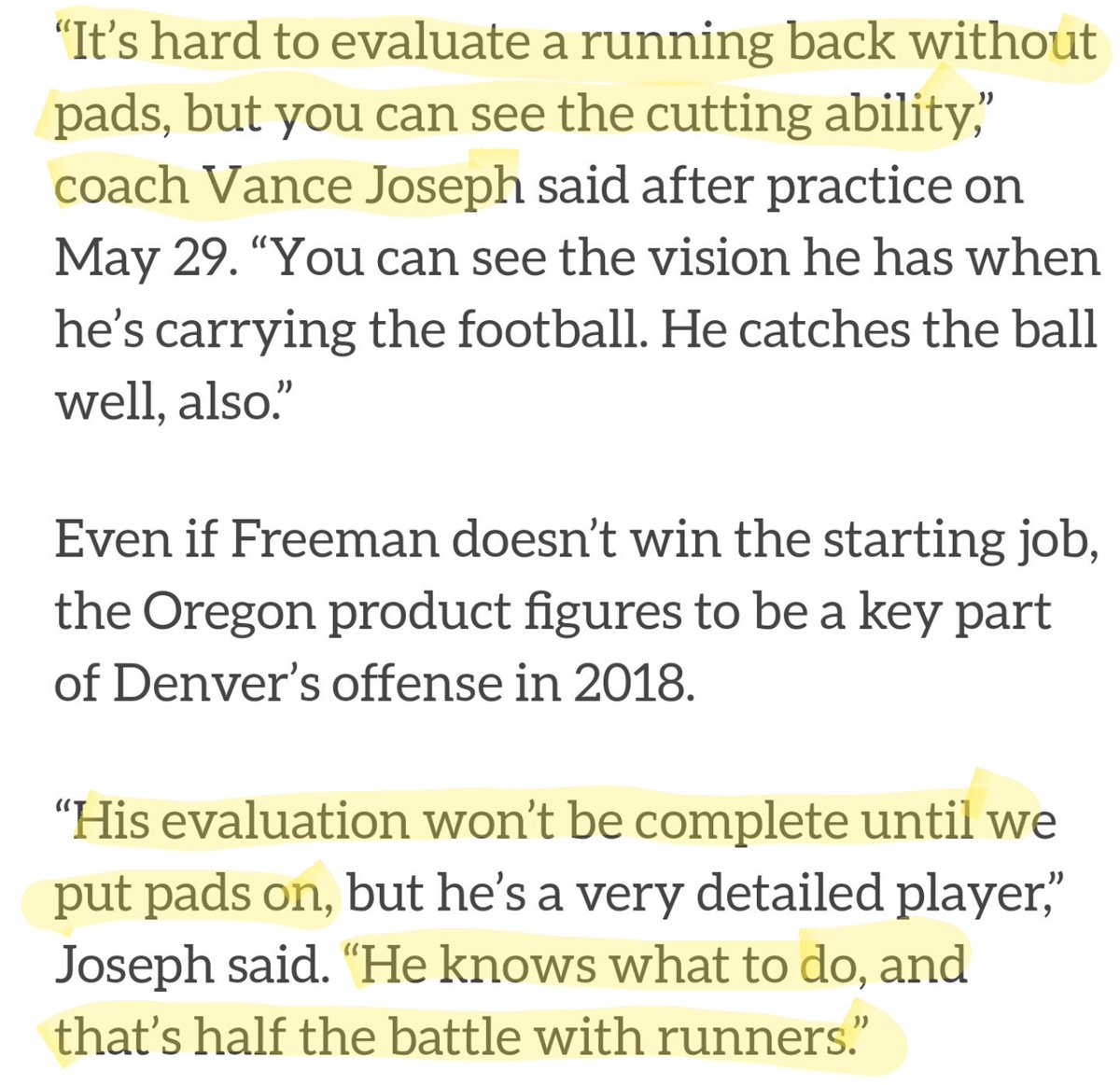 johngarcia6180's tweet photo. #Denver @Broncos
Head Coach Vance Johnson,
praises #Broncos #rookie RB
Royce Freeman. @Rolls_Royce21
"His evaluation won't be
complete until we...
#PutThePadsOn ๐ ๐ฃ
"He knows what to do." ๐
#KeyPart #BroncosOTAs #NFL
https://t.co/lrmk4uZ3S3 https://t.co/2WFDIMpPDr