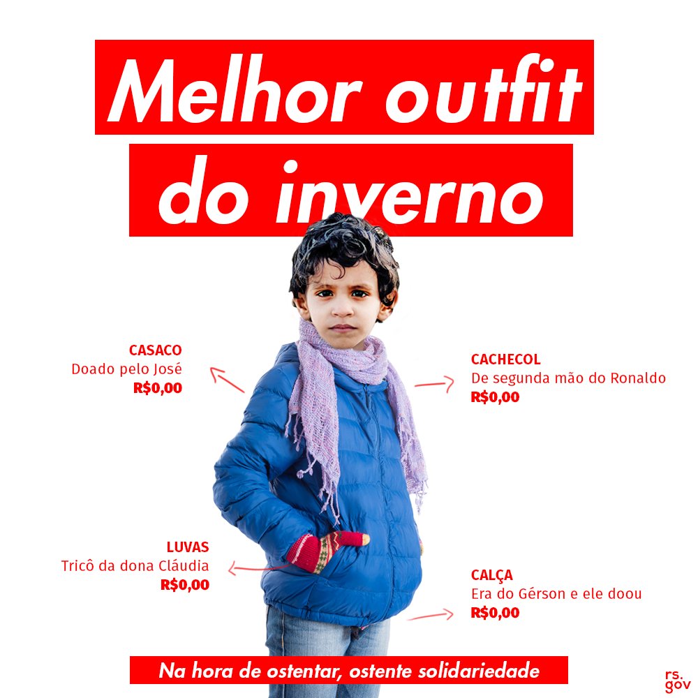 QuebrandoOTabu's tweet photo. Recentemente viralizaram alguns vídeos "Quanto Custa o Seu Outfit?" de jovens ricos mostrando os valores de suas roupas e acessórios de luxo.

O @governo_rs aproveitou e lançou essa campanha sensacional incentivando doações.

Chique mesmo é ostentar solidariedade. Parabéns. https://t.co/rK5QiZ0ISx