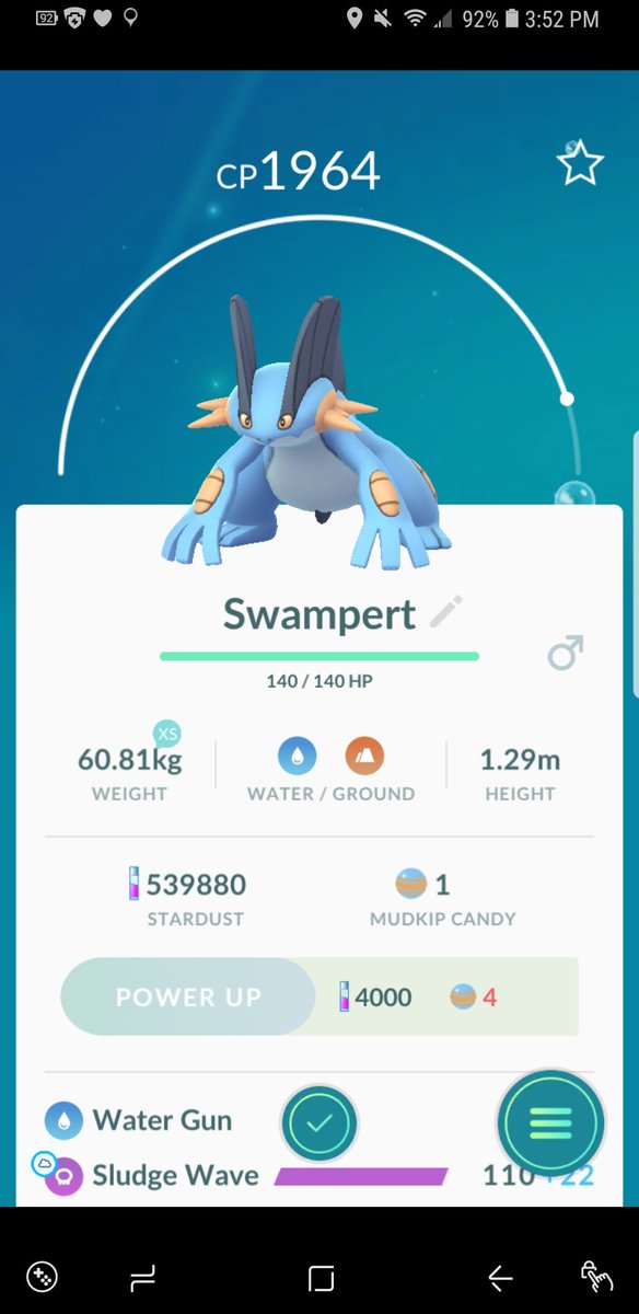 Gamsterworld's tweet photo. Look who i finally got swampert #youtube #youtuber #pokemon #PokemonGO #PokemonGOCommunityDay #PokeMonday #PokemonSwitch #pokemon #alolanforms #pokemonsunandmoon #gaming #gamer #mobile #gen3 #life #fitgoals #fitness #FUN https://t.co/kIR3PUKYof
