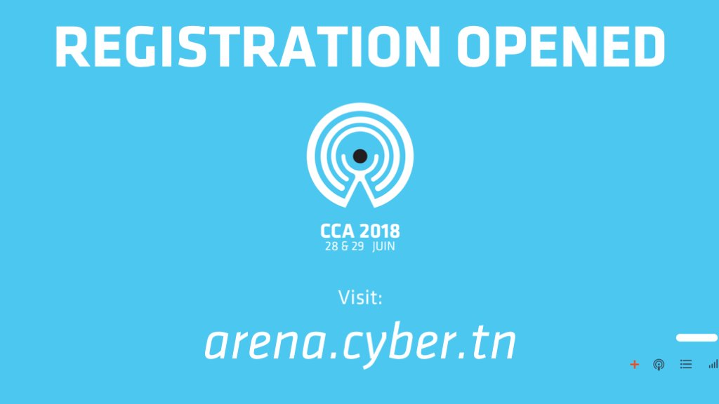 CyberCarthage's tweet photo. Registration Opened on https://t.co/W16Opy9g3x
Don't miss the opportunity to attend the CyberSecurity event of the year.
https://t.co/Z41Z55mQj9
#CCA2018 #Carthage #Arena #CyberSecurity #Security  #Tunisia #CTF #capturetheflag  #Tunisie https://t.co/O73pIVkAFZ