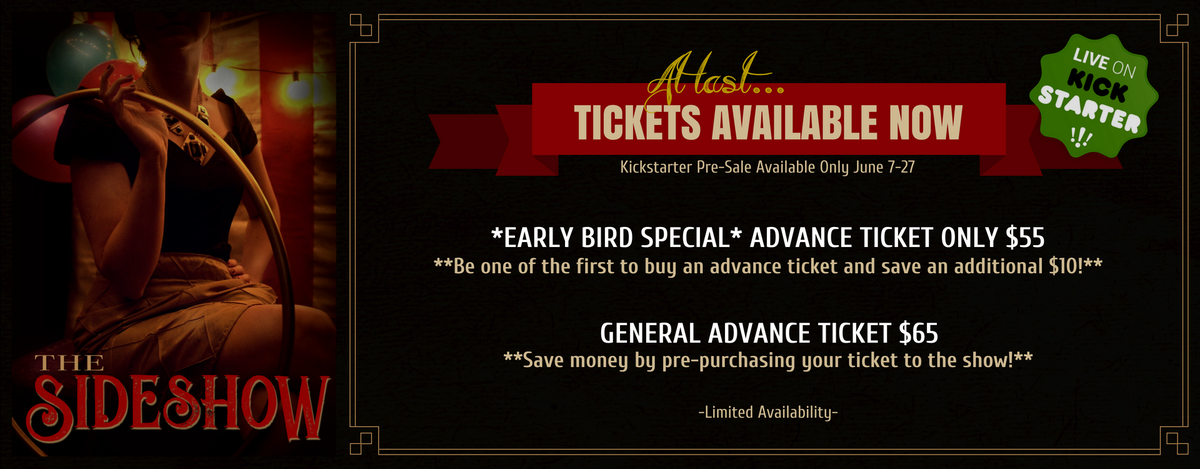 TheSideshow's tweet image. The Sideshow is Kickstarting **Pre-Sale Tickets** available now! Ready for the circus?
kickstarter.com/projects/thesi…
#immersive #immersivetheatre #thesideshow #theatre
