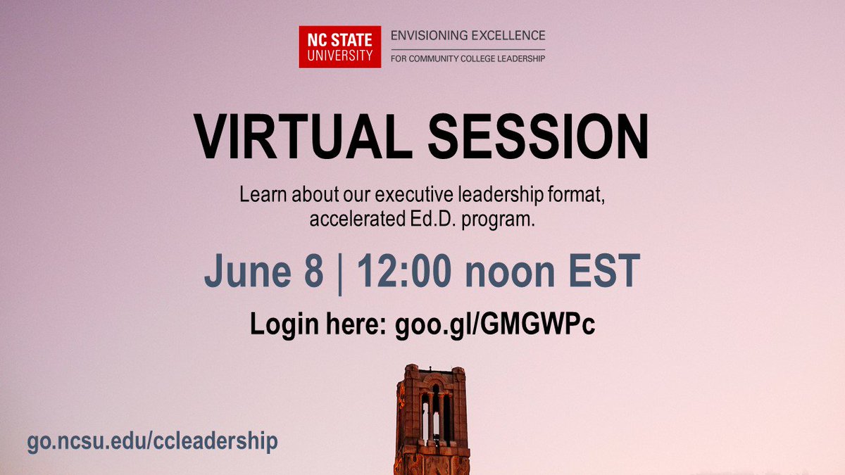 DrCarrolWarren's tweet photo. Join me online tomorrow to learn more about @NCStateCED @AspenHigherEd inspired Ed.D. in #communtiycollege #leadership. Applications are now available! @drjamesbartlett @ReyGarcia6 https://t.co/BSvsMi8tka