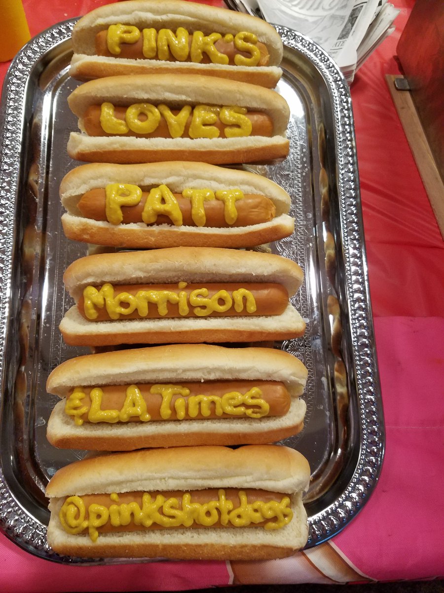 pattmlatimes's tweet photo. What a way to spend lunch: I talked to @latimes colleagues about my new journalism book, "Don't Stop the Presses! Truth, Justice and the American Newspaper" -- and @pinkshotdogs surprised me by catering the veggie dog they named for me. Thanks to them and to my co-workers! https://t.co/SaaWNOqLdv