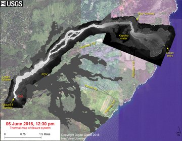 This thermal map shows the fissure system and lava flows as of 12:30 pm on Wednesday, June 6. The flow from Fissure 8 remains active, with the flow front entering the ocean at Kapoho. The black and white area is the extent of the thermal map. Temperature in the thermal image is displayed as gray-scale values, with the brightest pixels indicating the hottest areas.