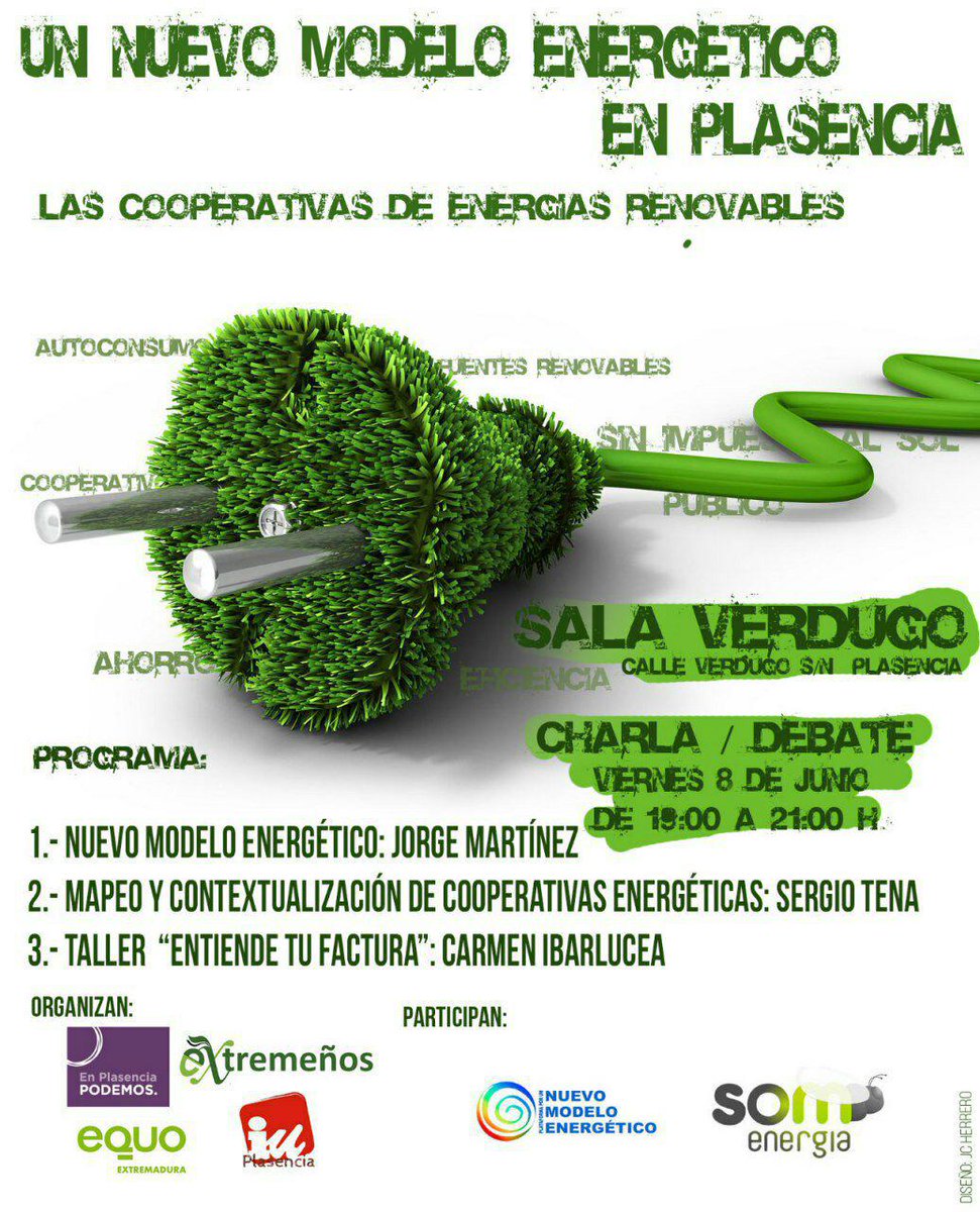 📆#AgendaPlasencia mañana a las 19h tenemos una cita para hablar de #Energia, de como esta el sector y de como podemos empoderarnos quienes somos consumidoras. Organiza @equoextremadura <a href="/IuExtremadura/">Izquierda Unida Extremadura</a> y <a href="/Podemos_EXT/">Podemos Extremadura</a> Participan <a href="/NuModEnergetico/">Plataforma por un Nuevo Modelo Energético</a> y <a href="/SomEnergia/">Som Energia</a>