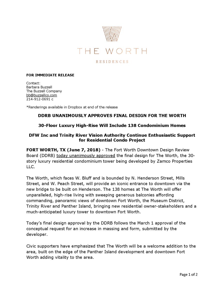 WorthResidences's tweet photo. The #FortWorth Downtown Design Review Board (DDRB) unanimously approves final design for #TheWorth. https://t.co/9K3BW6K9a3