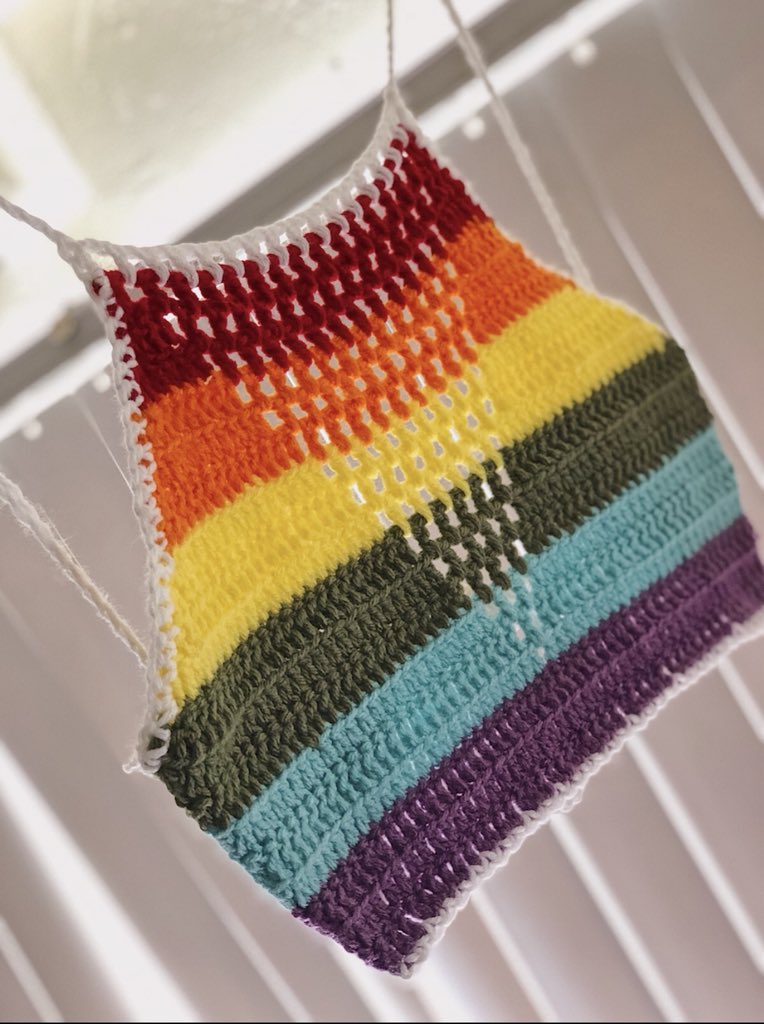izzytoast's tweet photo. Instead of supporting a big brand that claims to be inclusive by throwing a rainbow on something, support a small LGBT owned brand run by a 19YO from his bedroom based in San Diego, California with a Rt or a Like. Everything seen is hand crocheted by me https://t.co/Ju81LiJfds