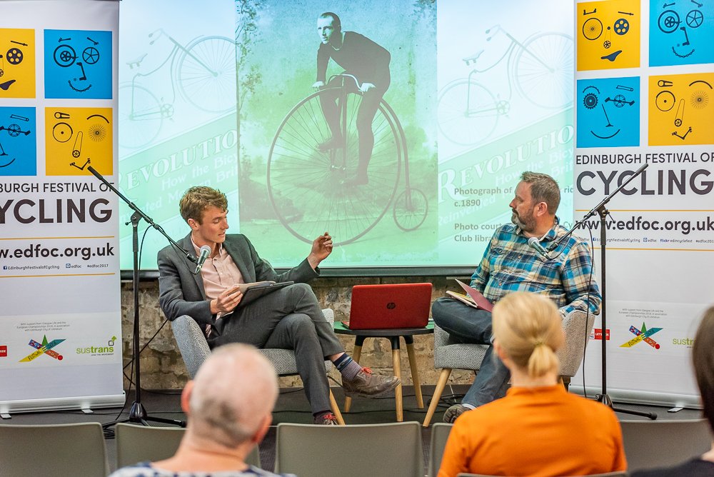 CyclingUKScot's tweet photo. Excellent opening night of talks at @edfoc Edinburgh Festival of Cycling by Will Manners and Peter Walker (and great to hear Cycling UK mentioned in the first five minutes of Will's talk 😊). Loads more events on until 24 June https://t.co/oRIxl4IdCc https://t.co/rq6Lkif6mx