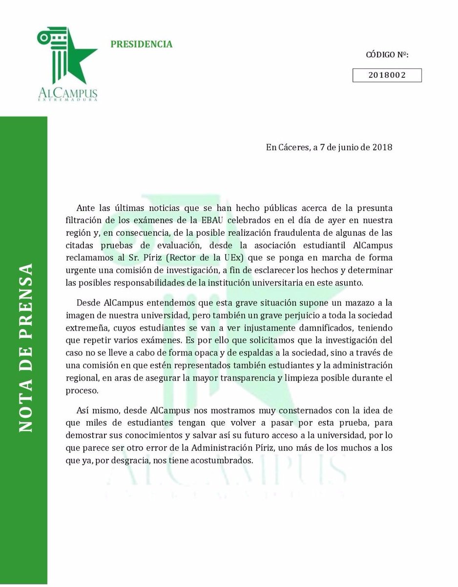 La asociación de estudiantes AlCampus muestra su descontento por la filtración de los exámenes de la EBAU, y reclama a la UEx una comisión de investigación con presencia de estudiantes y miembros de la administración regional.
¡¡¡No podemos consentirlo!!!