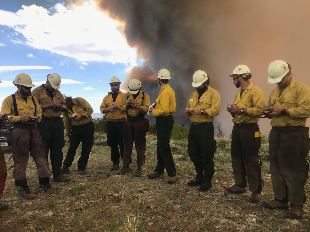 BLMUtah's tweet photo. The #BonnevilleIHC (Hotshot Crew) are working on the Trail Mountain Fire in central Utah.  Expected containment is Sunday.  #utfireinfo #preventwildfires https://t.co/BYGL6cA47v