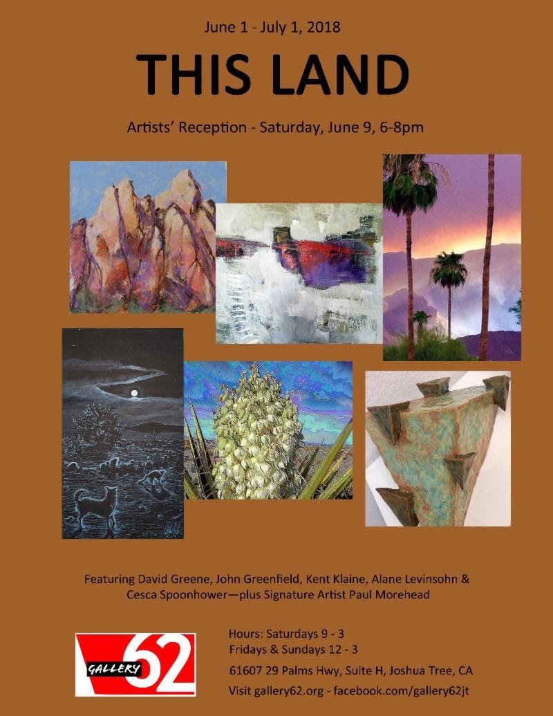 JTchamber's tweet photo. 2nd Saturday Art Night is upon us!  Check out THIS LAND at Gallery 62, up the whole month of June! •
#joshuatree #jtree #socal #california #gallery62 #thisland https://t.co/pJnmjsRTje