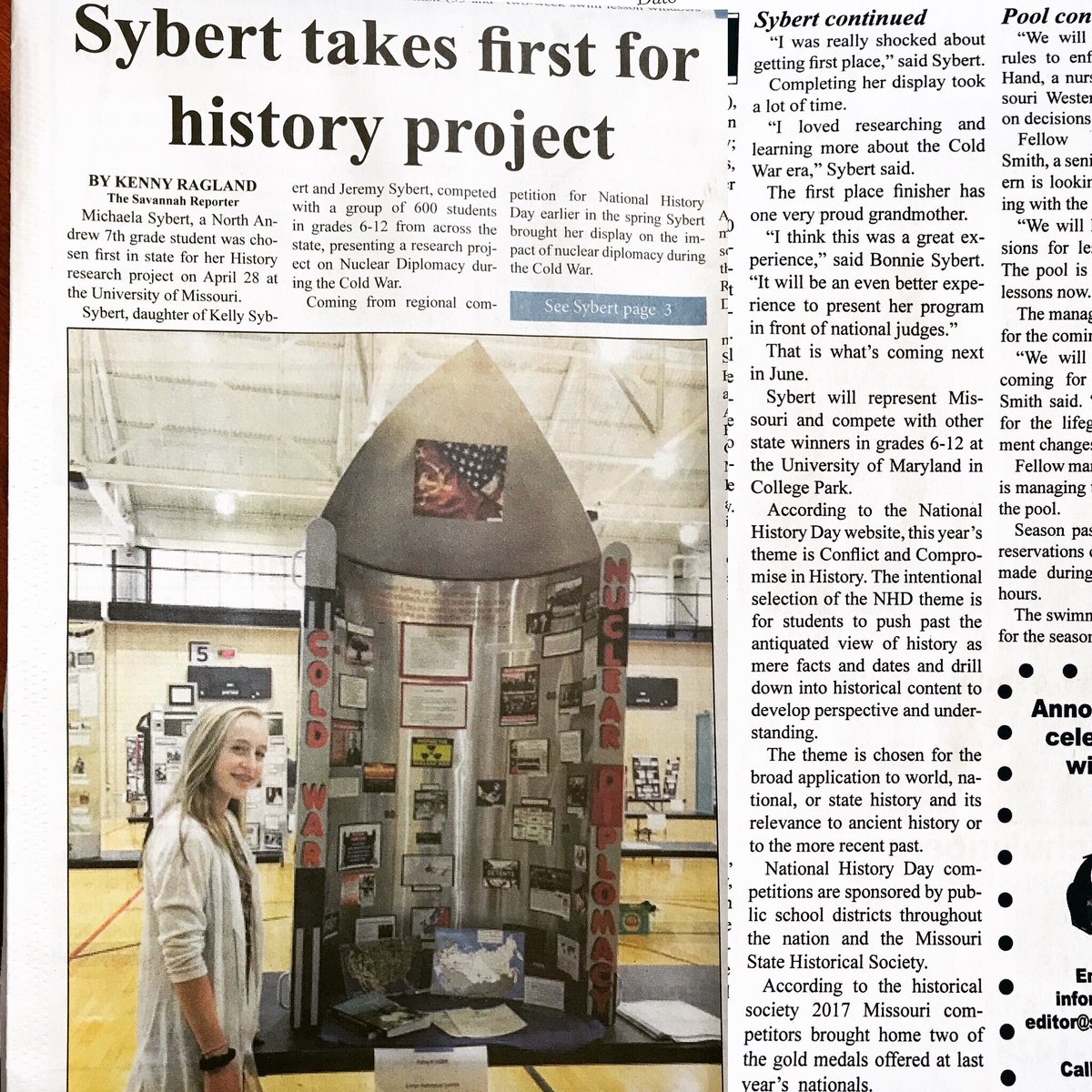WiedmerHistory's tweet photo. Good luck Michaela at the @NationalHistory National contest next week. First place in state and now front page of the Savannah Reporter. I’m proud of you and all your hard work. You will crush it! @nhdmo #NHD2018 https://t.co/d3L0imDy6I