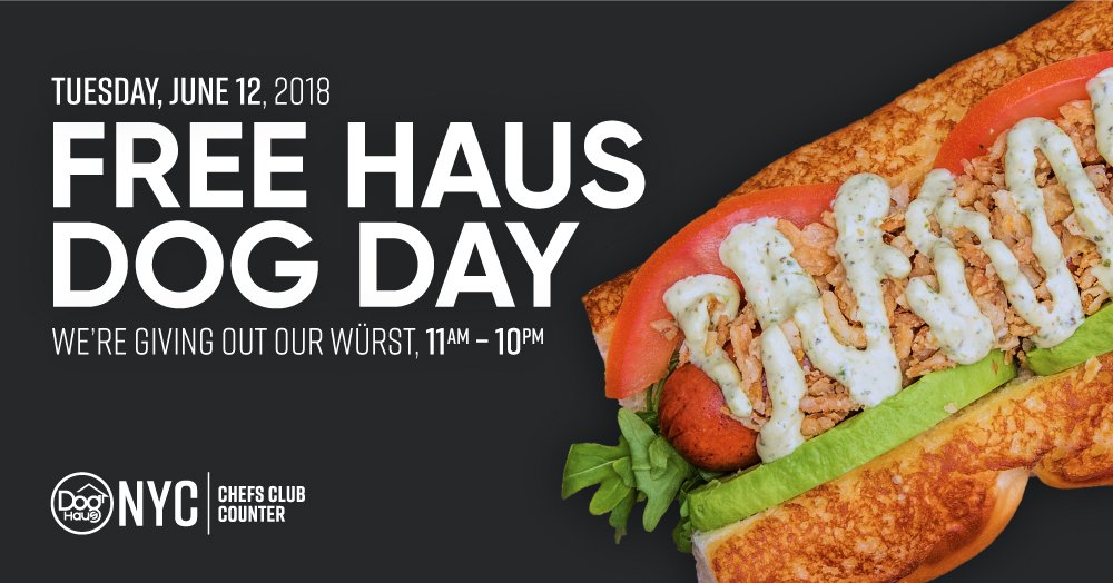 ‼️FREE Haus Dog Day—Tuesday, June 12 at our NYC pop up at @Chefsclubnyc 🌭 Get ready for #TheAbsoluteWurst summer fling 🌭
📍on the corner of Spring &amp; Lafayette >>> facebook.com/events/4599855…