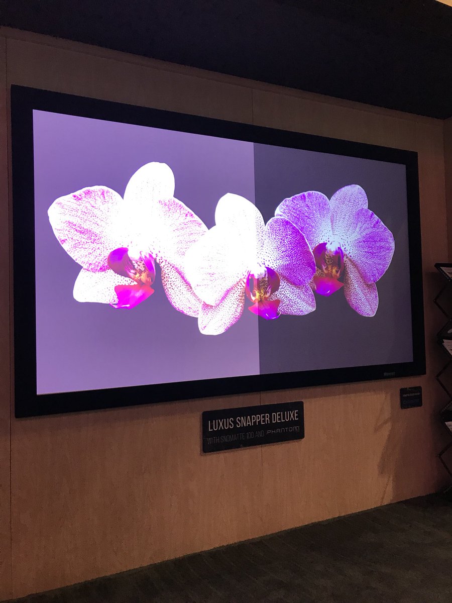StewartFilmscrn's tweet photo. Day 2 #InfoComm - Demo of matte white (l) vs. Phantom HALR (r). Choose the right material for the right application. #StewartFilmscreen #TheScreenMatters #ALR https://t.co/bMQFMe0fQg
