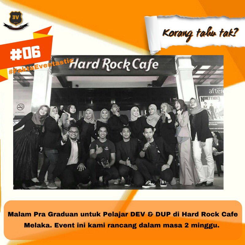 eventasticcrew's tweet photo. #06 Antara kenangan yang tidak dapat dilupakan program Malam Pra Graduan untuk pelajar DEV &amp; DUP di Hard Rock Cafe Melaka. 

Projek ini di ketuai oleh Saudari Nor Amirah Hannani dan dibantu oleh semua team eventastic. 
Event ini kami rancang dalam masa 2 minggu sahaja. https://t.co/tDM6Qj4qS7