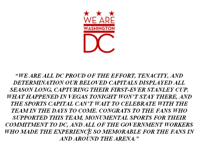 MayorBowser's tweet photo. WE ARE ALL #DCPROUD OF THE EFFORT, TENACITY, AND DETERMINATION OUR BELOVED @CAPITALS DISPLAYED ALL SEASON LONG, CAPTURING THEIR FIRST-EVER #STANLEYCUP.

THE #SPORTSCAPITAL CAN’T WAIT TO CELEBRATE WITH THE TEAM IN THE DAYS TO COME! 

#ALLCAPS https://t.co/G1ROyIw64I