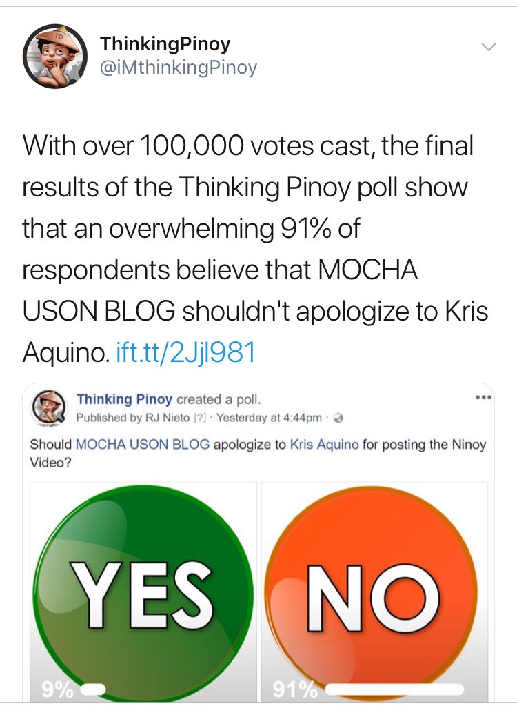 Legally_K's tweet photo. TP conducted a poll to see people’s choice between Mocha should apologize to Kris or not and the overwhelming response favors the latter. 

Pero naman, who answered that poll? TP’s followers and bots who cannot think for themselves? 

Truth is — You’re all afraid of Kris. https://t.co/Hb71zjRHJJ