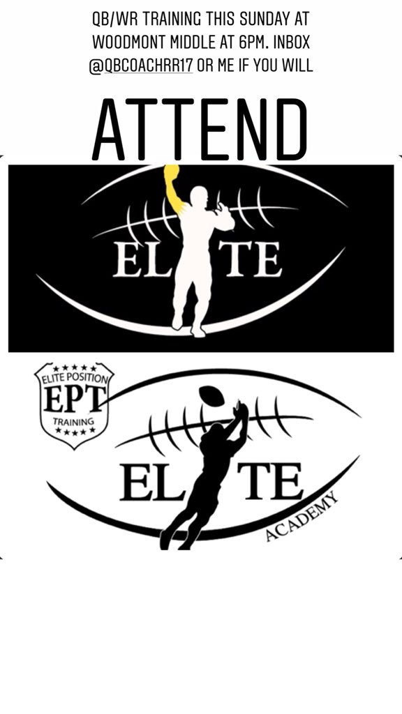ElitePositionTr's tweet photo. QB/WR Super Sunday training session this Sunday at 6pm at Woodmont Middle. Please text/inbox me or @robinson_ramon if you will attend. Don’t miss out on the opportunity to get better! https://t.co/4slLXynarN