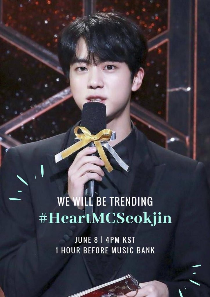 tetaeing's tweet photo. ARMYs! Since Seokjin will be the MC today, we’re going to trend #/HeartMCSeokjin an hour before Music Bank which means at 4pm KST. Let’s get this trend worldwide 💪🏻💜 https://t.co/Lmw3QyqHh4
