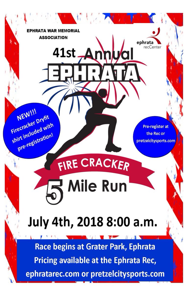 EphrataRec's tweet photo. Registration is open for the FireCracker Race ! !   #Race #FitnessMotivation #runner #runners #Runkeeper #firecracker #Ephrata #tshirt # https://t.co/BbuhLeMXUp