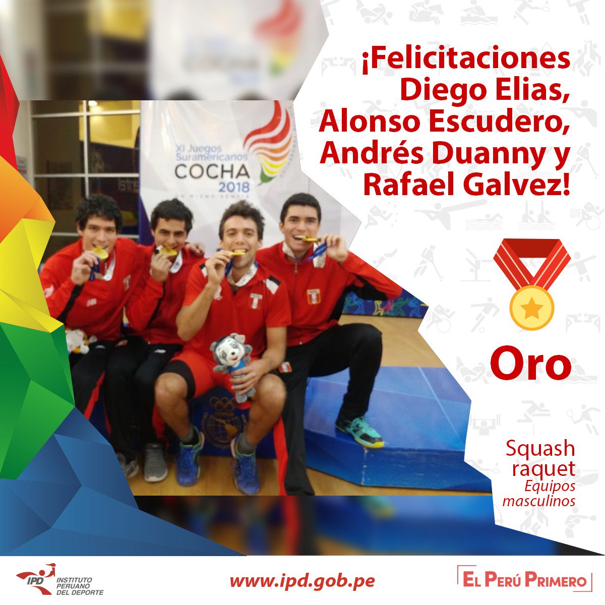 ipdperu's tweet photo. #IPDEnCocha2018 Diego Elías, Alonso Escudero, Andrés Duanny y Rafel Gálvez nos regalan una medalla de oro en squash por equipos en #Cocha2018 ¡Felicitaciones! 💪🇵🇪😊 #TeamPerú 
@MineduPeru @OscarFCPeru @MartinVizcarraC @pcmperu https://t.co/73a3ix8zZc