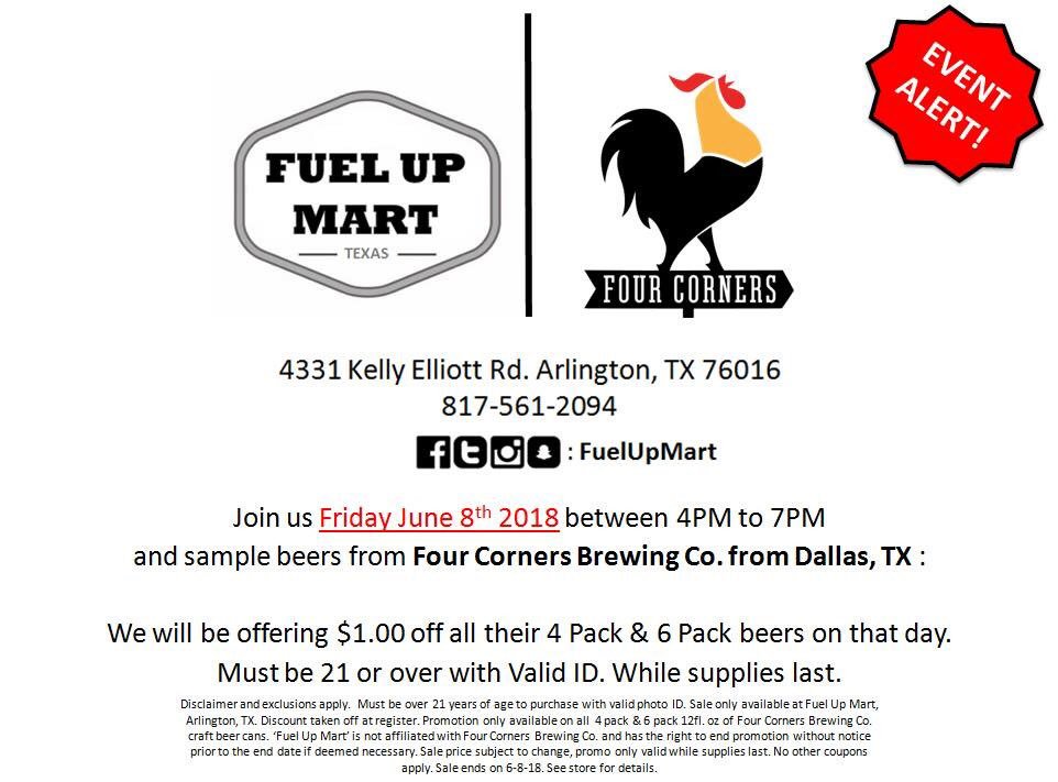 FuelUpMart's tweet photo. 🚨Event Alert🚨 Join us tomorrow as @fcbrewing is hosting a free craft beer tasting between 4pm to 6pm. Any #FourCorners brand beer will be $1.00 off during the event. Stop by and come enjoy some amazing beer. .
.
.
.
#fourcornersbrewery #arlington #beer #craftbeer #freebeer https://t.co/47HGSMZbl5