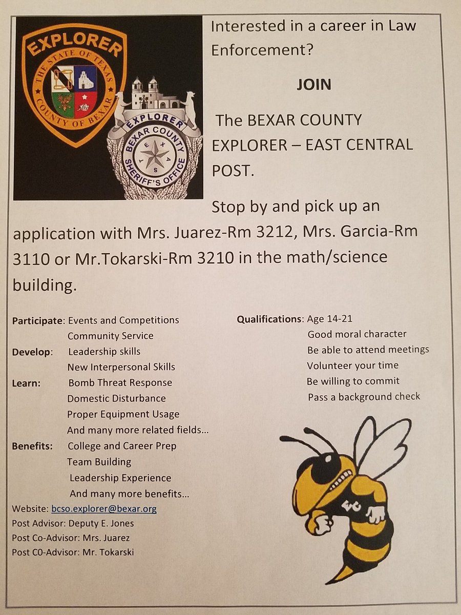 CTELAWHORNETS's tweet photo. EC Parents, keep your student busy this summer. The BSCO Explorer 401 post will be hosting all Post meetings at 401 Gillette Blvd for the summer. Meetings are Tuesdays at 9am to 12pm and Thursdays at 4pm to 7pm. Check them out tonight on Univision at 10pm. @ECISD_CTE @ECHShornets https://t.co/rRN7BuHOZp