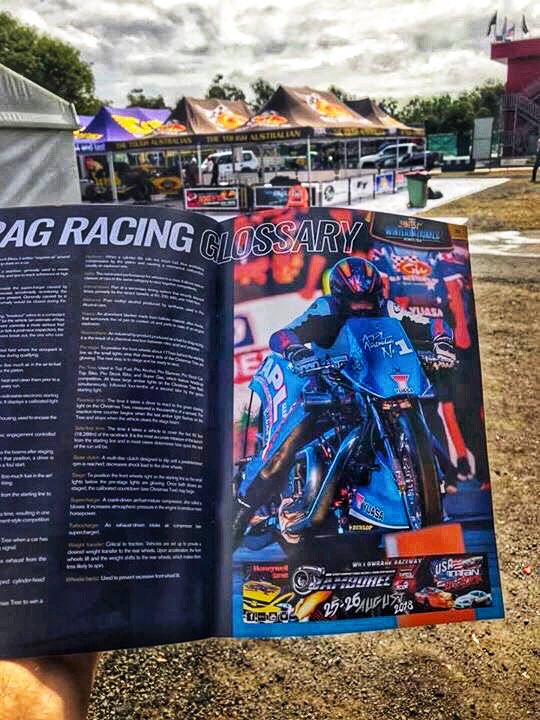 LAYTONRACING1's tweet photo. How damn cool is this. I got a full page image in the official program for the 51st Gulf Western Oil Winternationals at @WillowbankDrags. I’m pumped, proud and ready. Today we have Q1 https://t.co/jbvwHNd0mQ