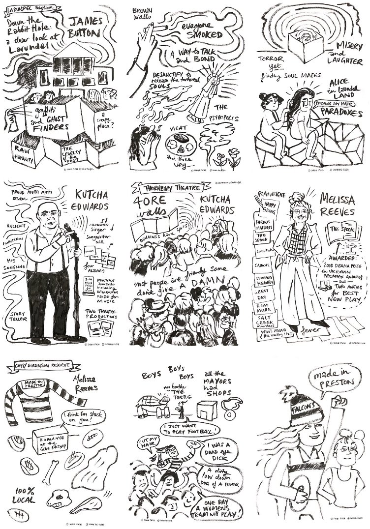 sarahthefirth's tweet photo. https://t.co/xgr57yd1MQ
My live #illustrations and #graphicrecording for This Place: writing by #JamesButton #HannahDonnelly @sovtrax, #KutchaEdwards, @Cath_Ferla #ChrisGooch #PonchHawkes @salkimberandtrw #MelissaReeves #NickRichardson @_denisescott thanks @CityofDarebin https://t.co/6N3uJy9LdX