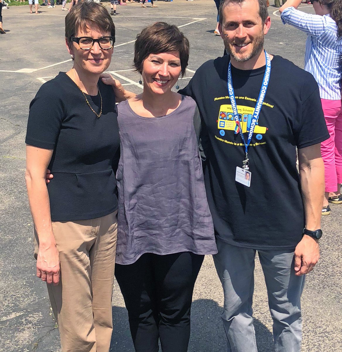 Madison Metropolitan School District Superintendent Jen Cheatham, Welcoming Schools Director Johanna Eager, and Nuestro Mundo principal Joshua Forehand.