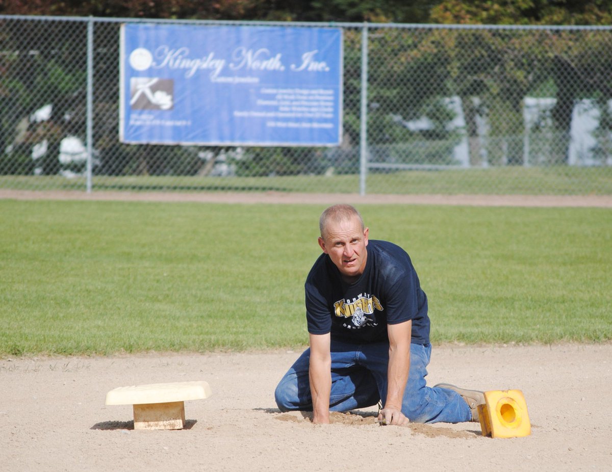 ScuttleBurt's tweet photo. A Marion Park groundskeeer declares the field will be ready for Saturday’s MHSAA D4 softball regional in Norway.  May be a bigger warning track in the outfield https://t.co/3NtqKgKNWX
