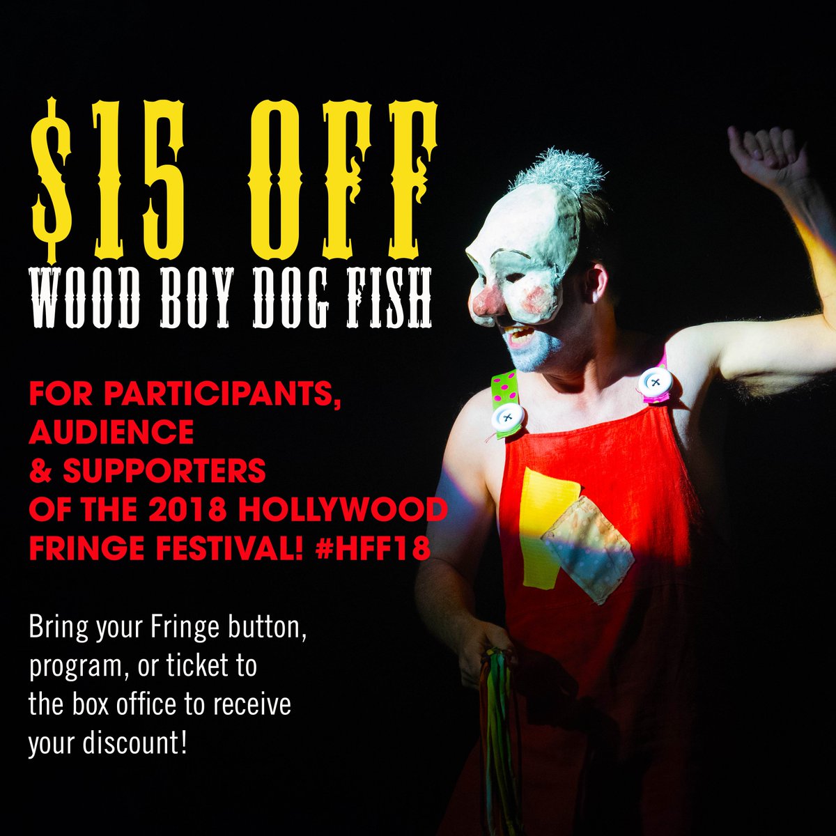 We were a past @hollywoodfringe participant, so we wanted to extend a discount for #WoodBoyDogFish to all Fringe participants, supporters, & audiences! Just bring your button/program/ticket to the box office and get $15 off! Or use code HFF15 online: bit.ly/2JJPpVi