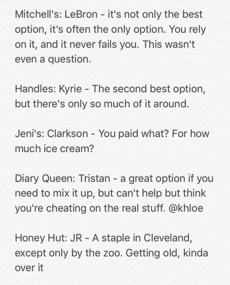 danielaxner11's tweet photo. Cleveland ice cream options - if they played basketball https://t.co/Qinz5MnAY9