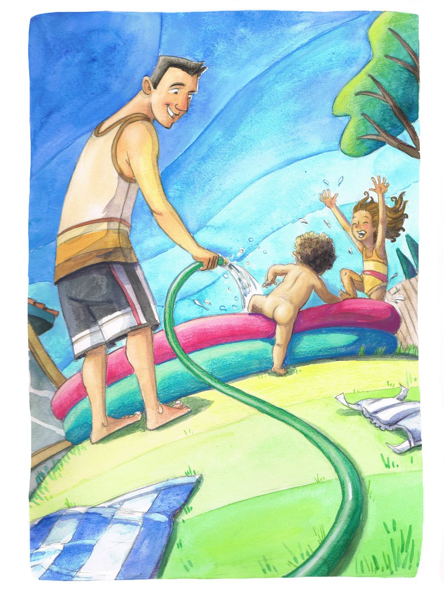 #kidlitart Here's my show and tell... did you guys see my piece for the ##scbwidrawthis prompt won this month for #naked? That's my hubby and my kiddos.