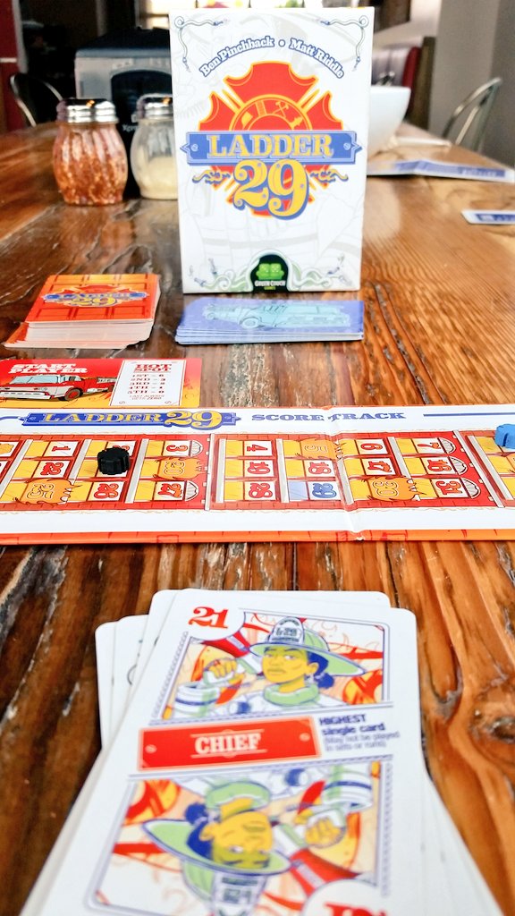 CohortVIIIGames's tweet photo. Finally played #Ladder29 & thoroughly enjoyed it. Definitely want to try with more than 2P! My wife beat me 33-21 when I played my last 2 tricks out of order. Tough strategies when the pass can mess with them. Love it! @pinchback21 @mdriddlen @GreenCouchGames https://t.co/Dp7hOxdOsg