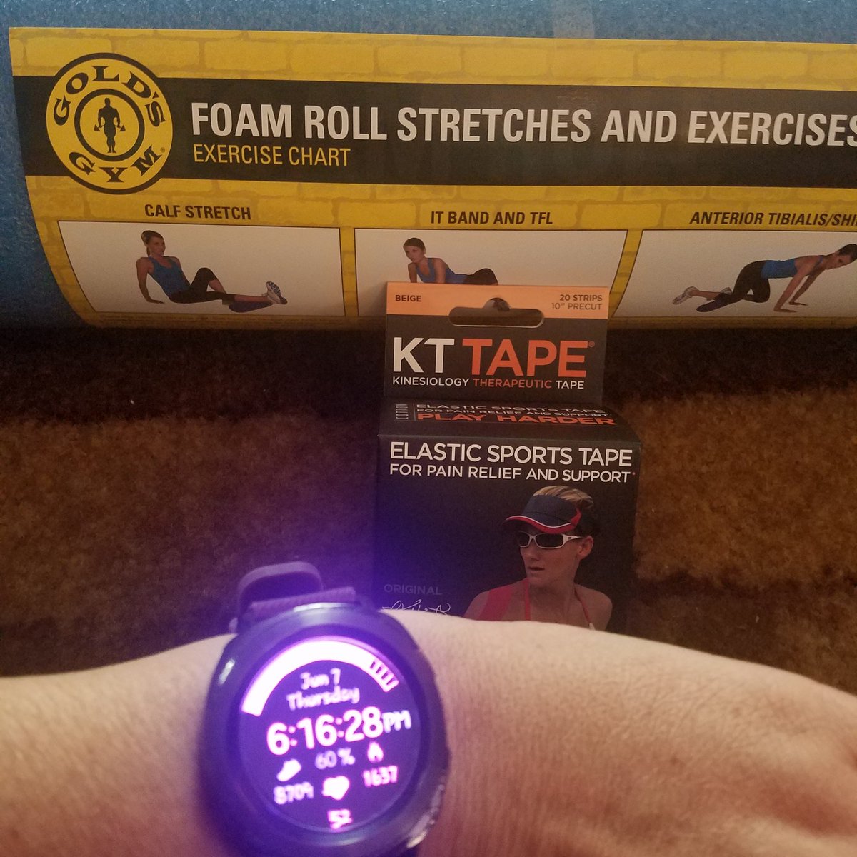 melsch72's tweet photo. New workout accessories, I may be a #peakerdown but not out. So with M5 being mostly leg work I am going to have to stop for a bit. I will be doing slow paced walks, stretches for my hamstring, upper body work. Feeling a lot better today thanks to KT Tape. @MyPeakChallenge https://t.co/RGrzdkvcwR