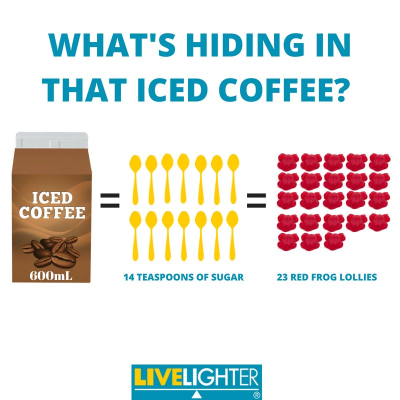 Live_Lighter's tweet photo. Would you put 14 teaspoons of sugar in your coffee? Or your milk? Flavoured milks are often packed with far more sugar than you realise! Go for plain milk (or coffee) instead 🥛☕️👍 https://t.co/QDXXhBY9Sj